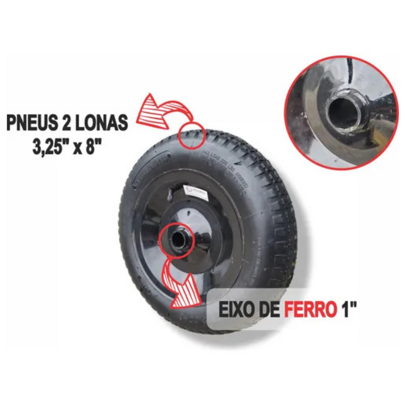Roda Pneumática 3,25X8'' Pneu 2 lonas com câmera de ar